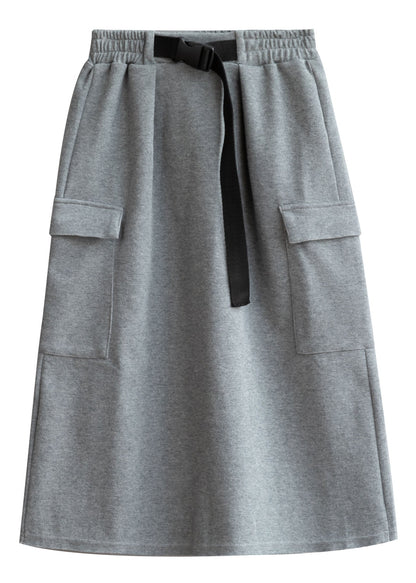 Modern Grey Elastic Waist Pockets Cotton Skirt Fall