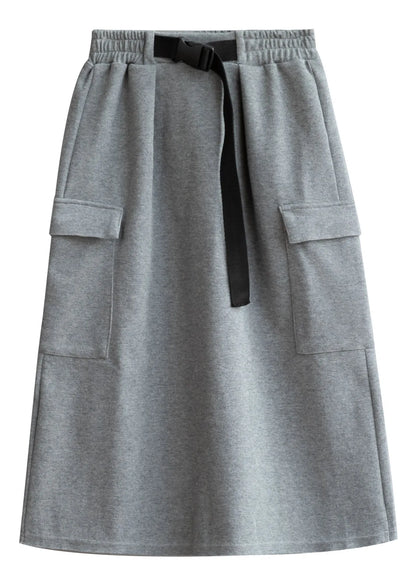 Modern Grey Elastic Waist Pockets Cotton Skirt Fall