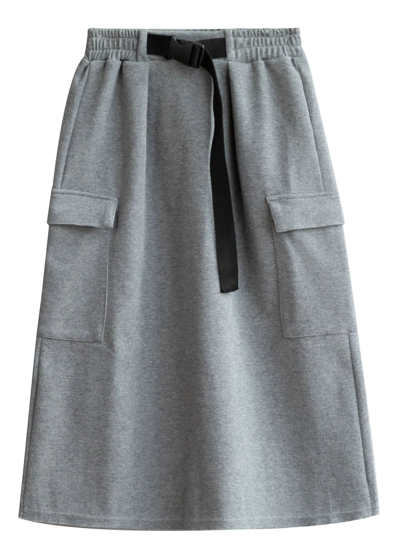Modern Grey Elastic Waist Pockets Cotton Skirt Fall