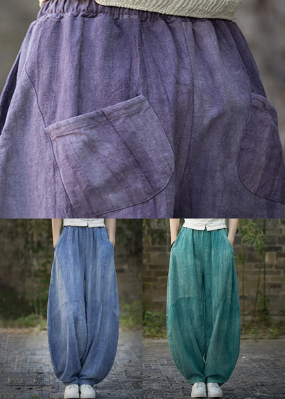 Blue Pockets High Waist Linen Summer Pants