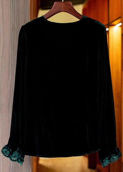 Black V Neck Embroideried Silk Velour Top Long Sleeve