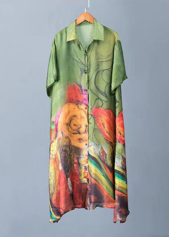 Italian Green Print Satin Shirt Dress and Pants Two Piece Set Short Sleeve