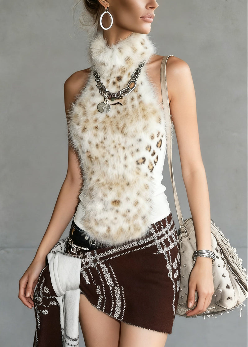Leopard Turtleneck Fluffy Patchwork Tank Sleeveless