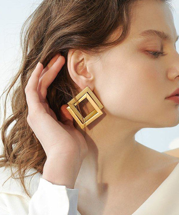 Classy Gold Double Tier Positive Form Exaggeration Gold Plated Stud Earrings