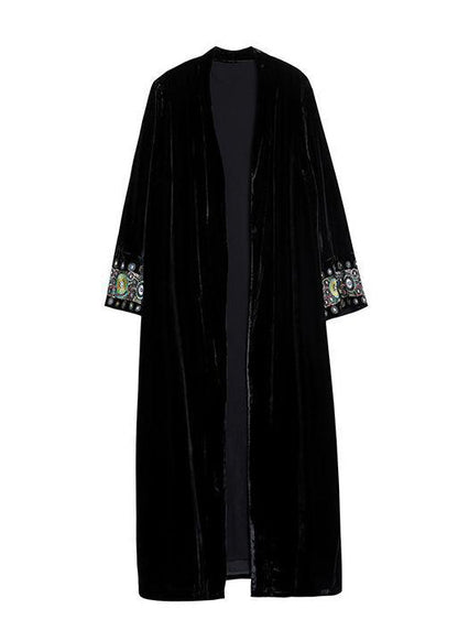 Black V Neck Embroideried Patchwork Velour Cardigan Fall