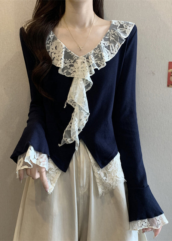 Navy V Neck Lace Patchwork Cotton T Shirts Flare Sleeve