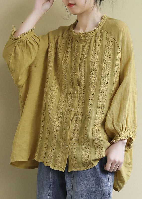 Yellow Button Embroideried Linen Shirts Long Sleeve