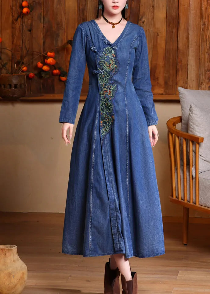 Navy V Neck Embroidered Button Long Denim Dresses Long Sleeve