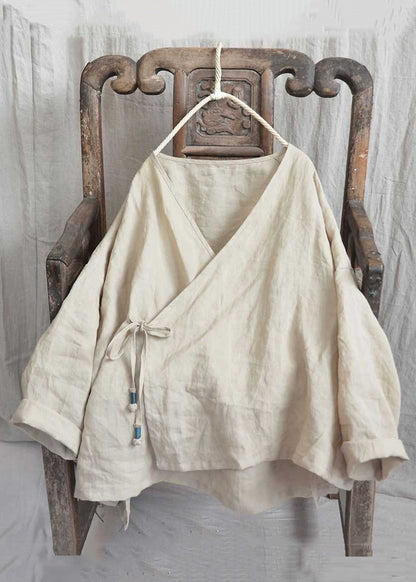Loose Yellow V Neck Lace Up Linen Shirts Long Sleeve