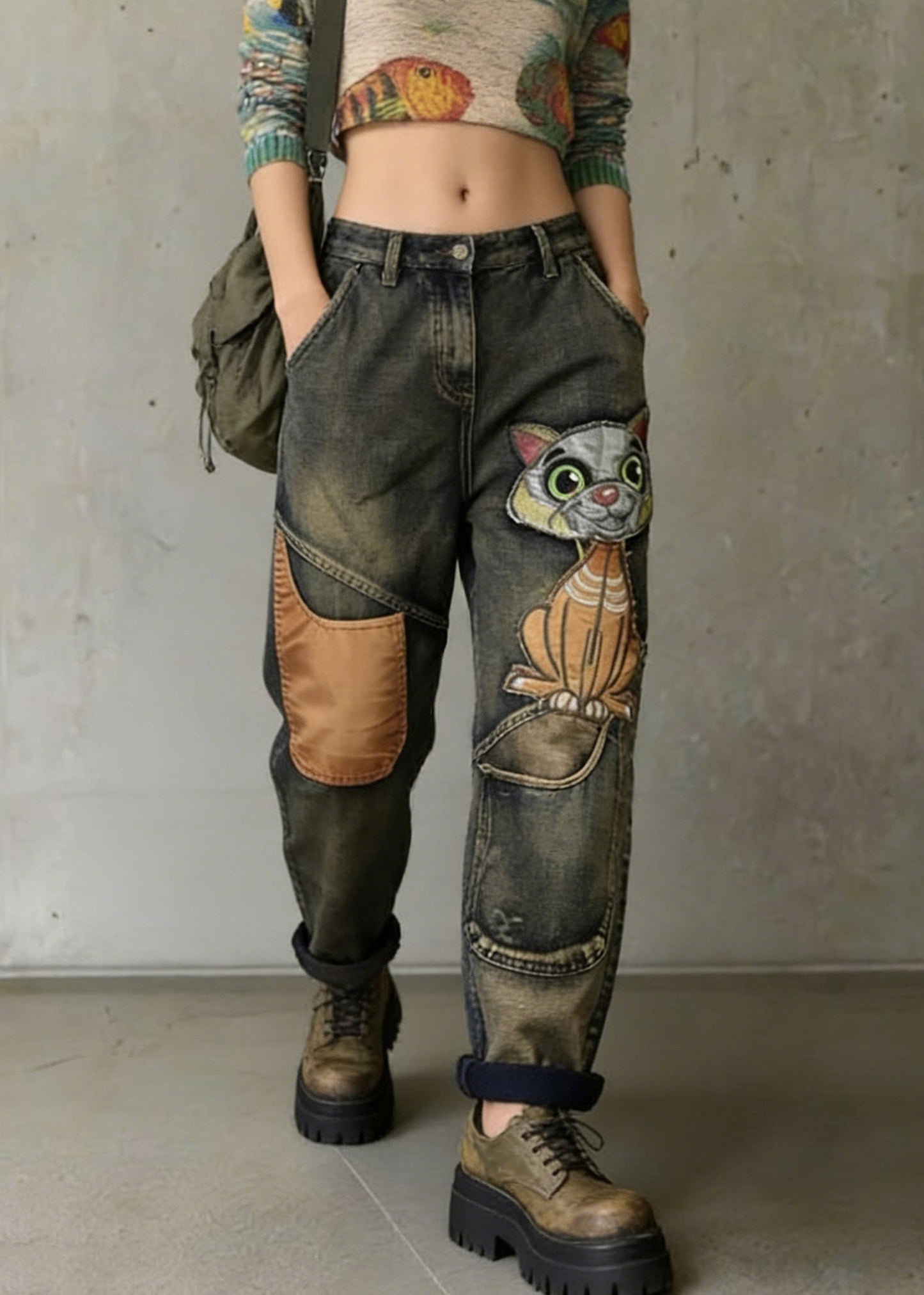 Cat Embroidery Patchwork Mid Waist Loose Denim Harem Jeans