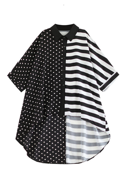 Colorblock Peter Pan Collar Low High Design Cotton Shirt Tops Summer