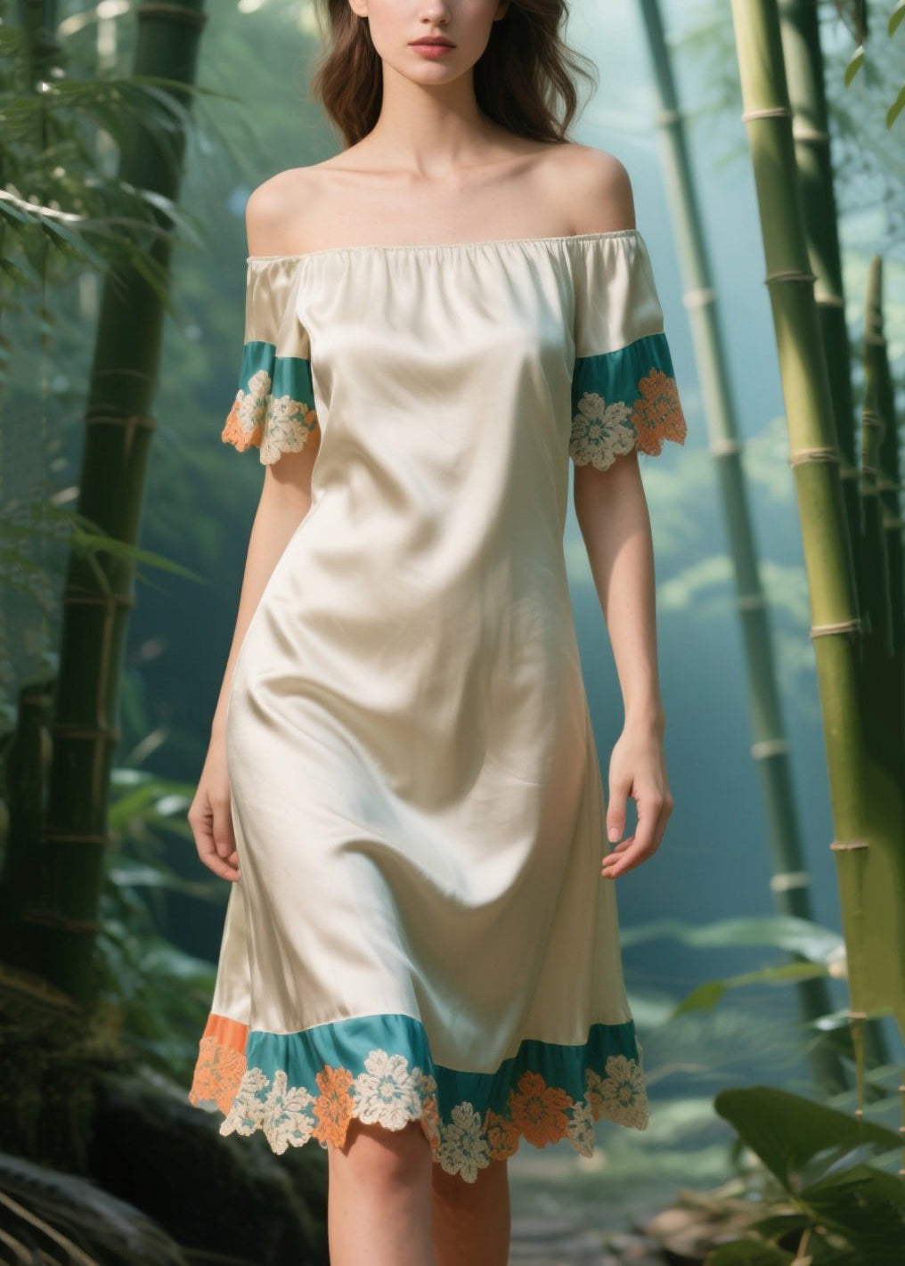 Apricot Cold Shoulder Patchwork Silk Strapless Dress Summer
