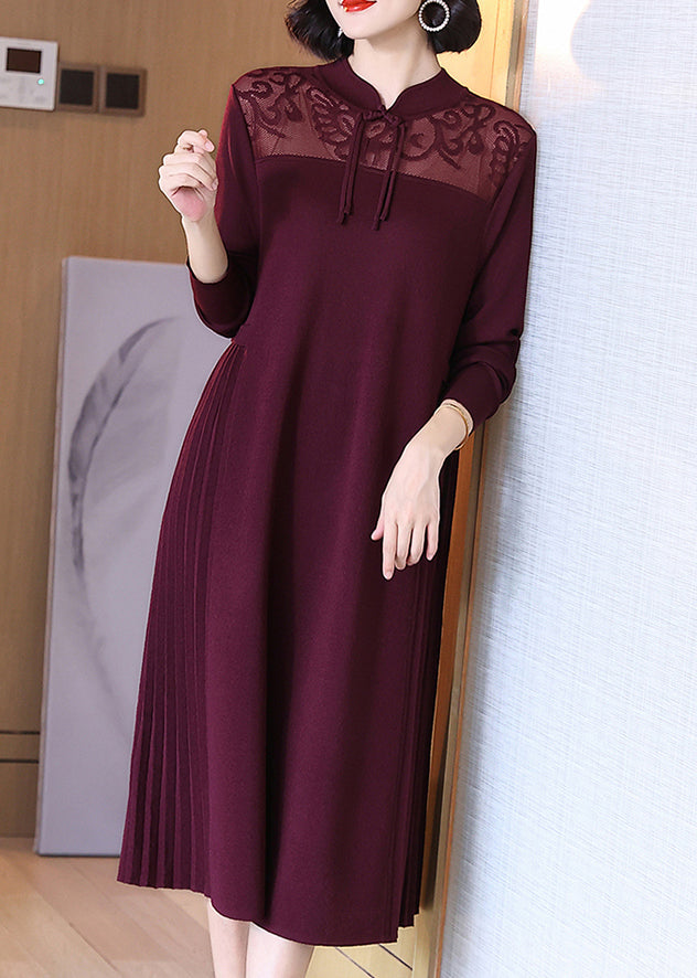 Wine Red Stand Collar Button Cotton Knit Dresses Spring