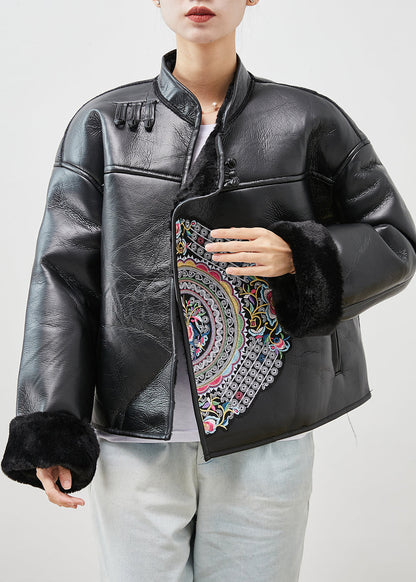 Art Black Embroideried Warm Fleece Faux Leather Coat Winter