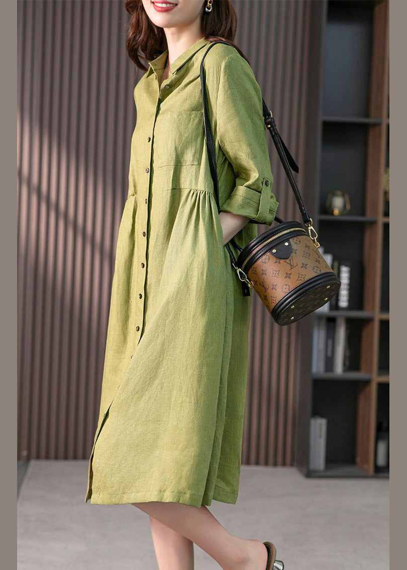 Pink Peter Pan Collar Button Wrinkled Cotton Maxi Dresses Long Sleeve Fall