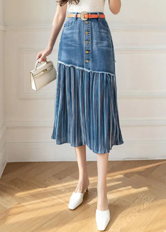 Modern Blue High Waist Sashes Asymmetrical Patchwork Cotton Denim Skirts Summer