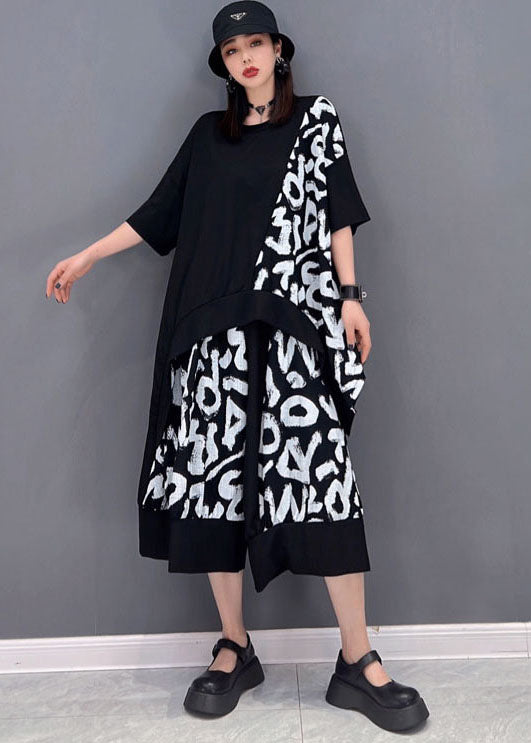 Black Letter Print Patchwork Cotton Top and Crop Pants 2 Pieces Asymmetrical Summer