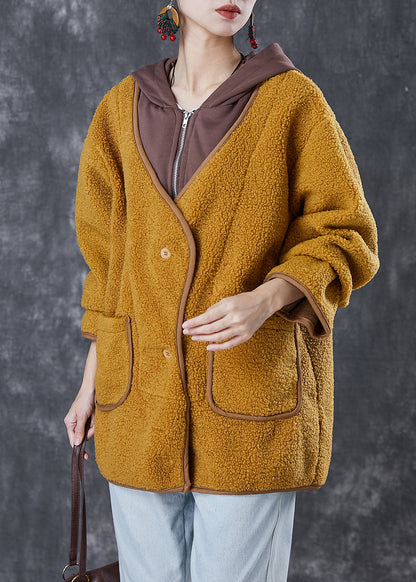 Fitted Yellow Hooded Patchwork Faux Fur Fake Two Piece Jacket Winter