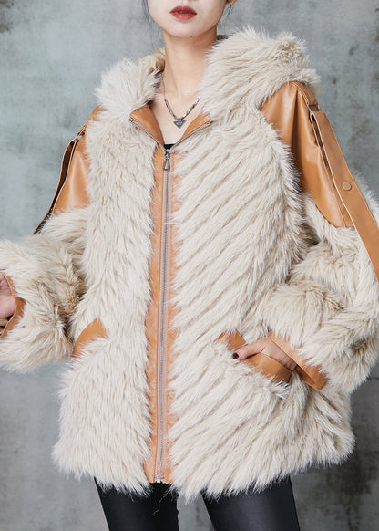 Handmade Apricot Hooded Patchwork Faux Leather and Fur Jacket Winter