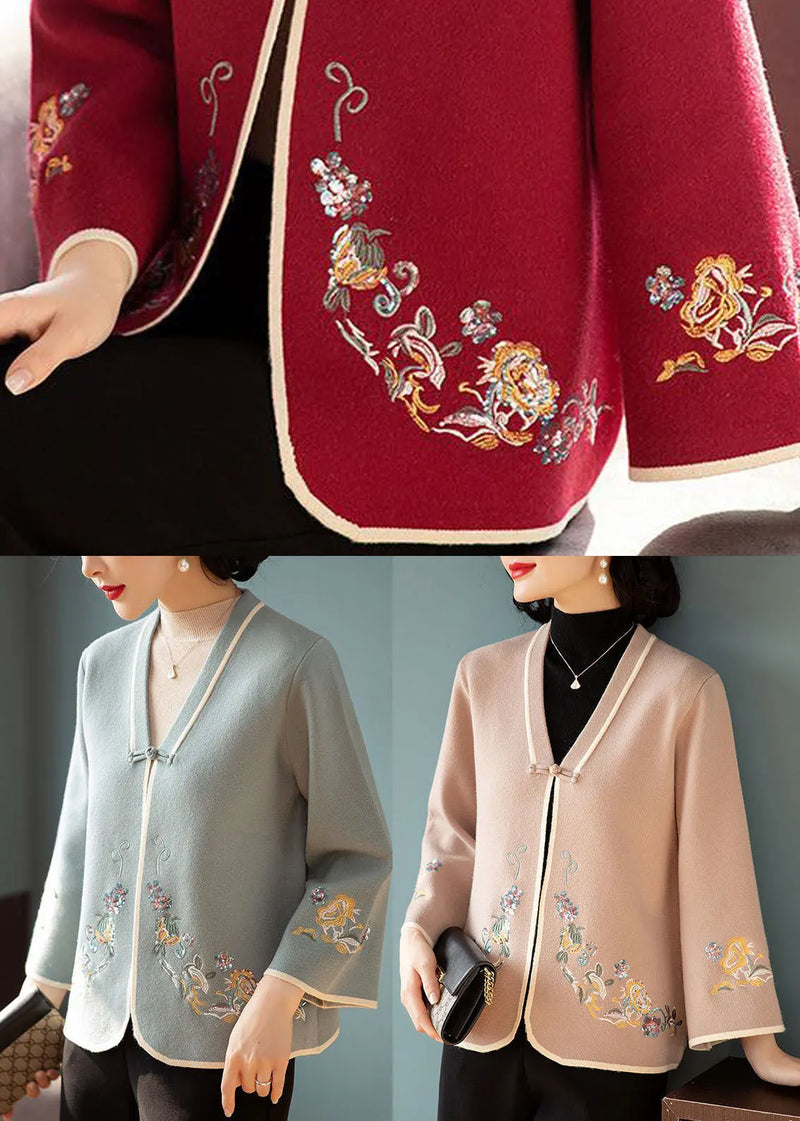Red Embroideried Oriental Button Woolen Coats Long Sleeve