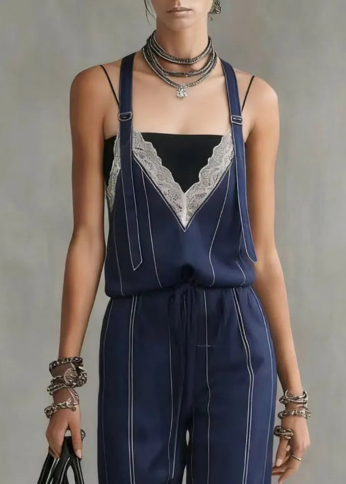 French Navy Striped Lace Patchwork Spandex Jumpsuits Summer