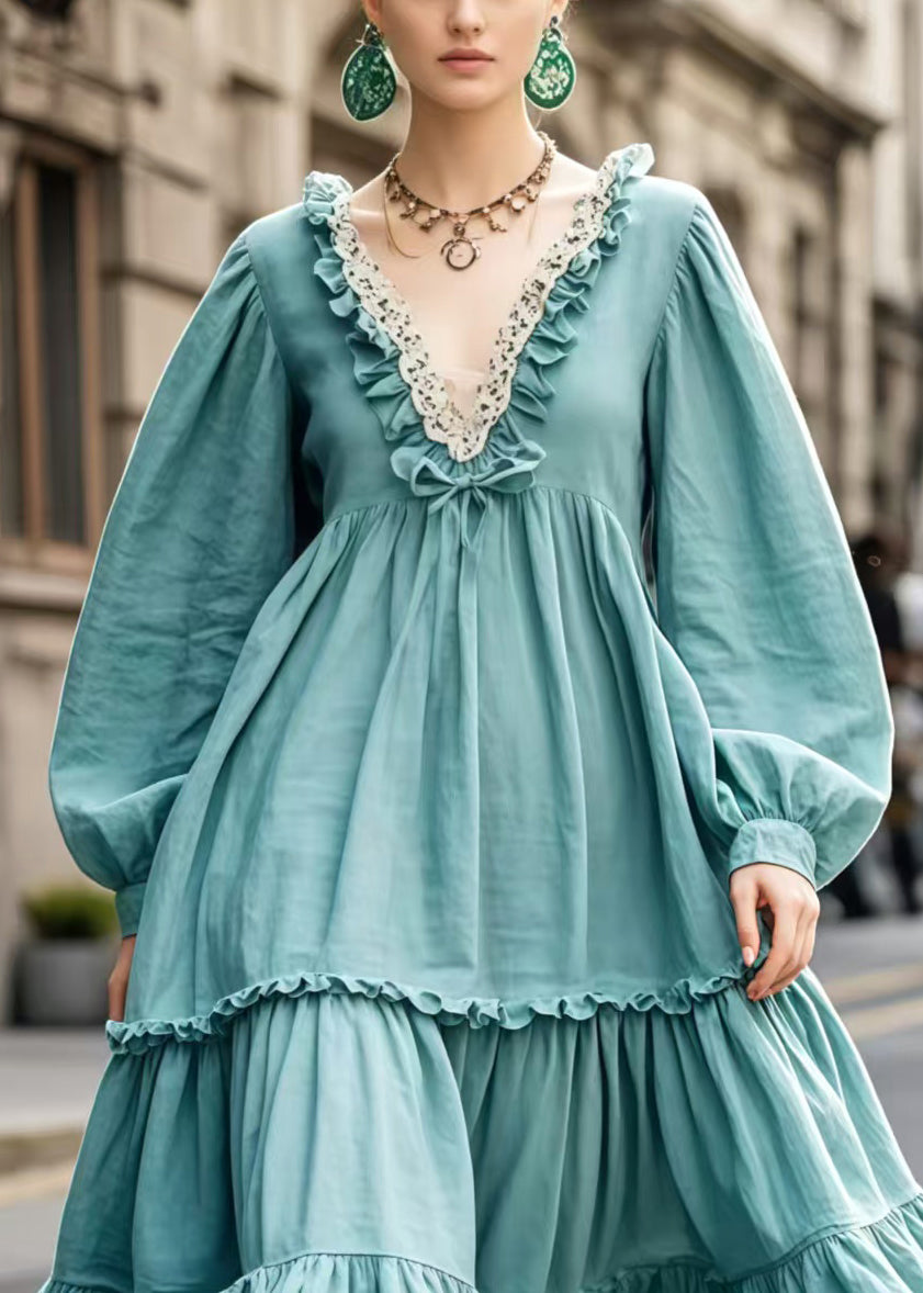 Blue Ruffled Oversized Cotton Maxi Dress Spring