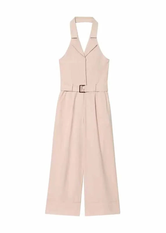 Beige Halter Pockets Cotton Jumpsuit Sleeveless