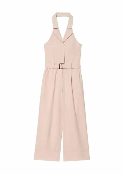Beige Halter Pockets Cotton Jumpsuit Sleeveless