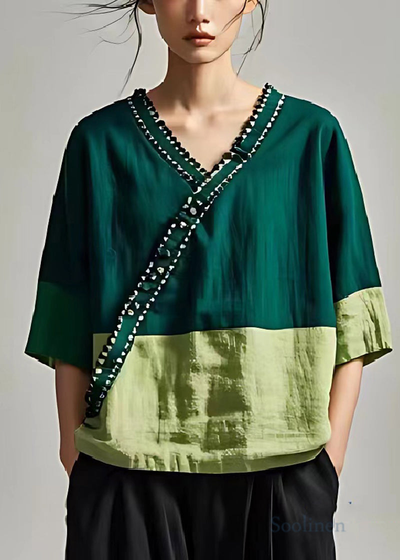 Classy Peacock Green V Neck Patchwork Linen Shirts Summer