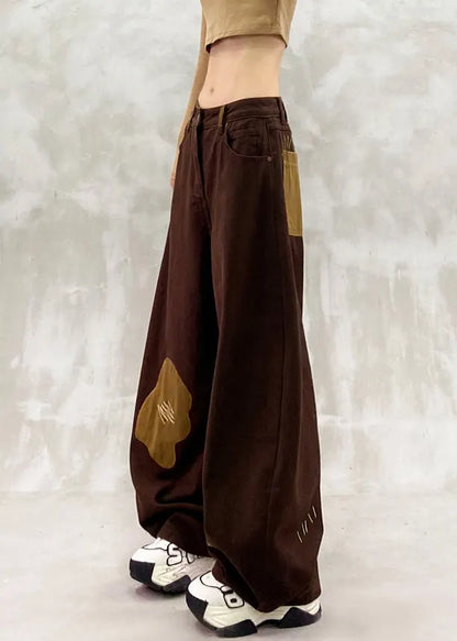 Brown Oversized Patchwork Applique Denim Pants Spring