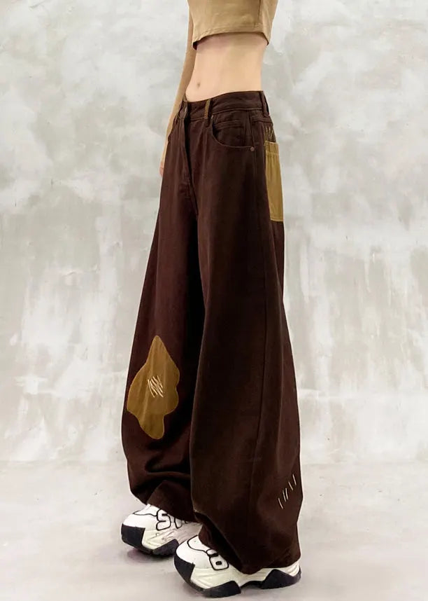 Brown Oversized Patchwork Applique Denim Pants Spring