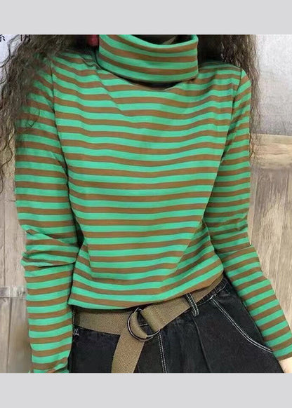Black Hign Neck Striped Cotton Blouse Top Fall