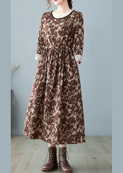 Chocolate Print Patchwork Wrinkled Linen Holiday Dress Spring