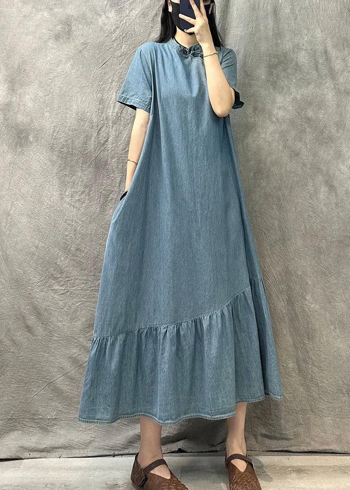 Light Blue Stand Collar Patchwork Denim Dress Summer