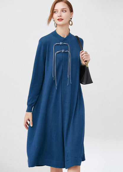 Blue Stand Collar Wool Knit Long Dresses Long Sleeve