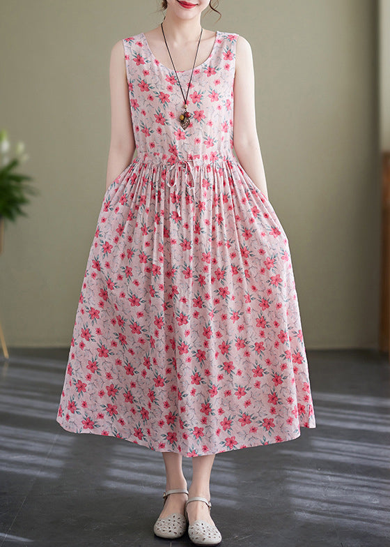 Pink Lace Up Wrinkled Print Cotton Long Dress Sleeveless