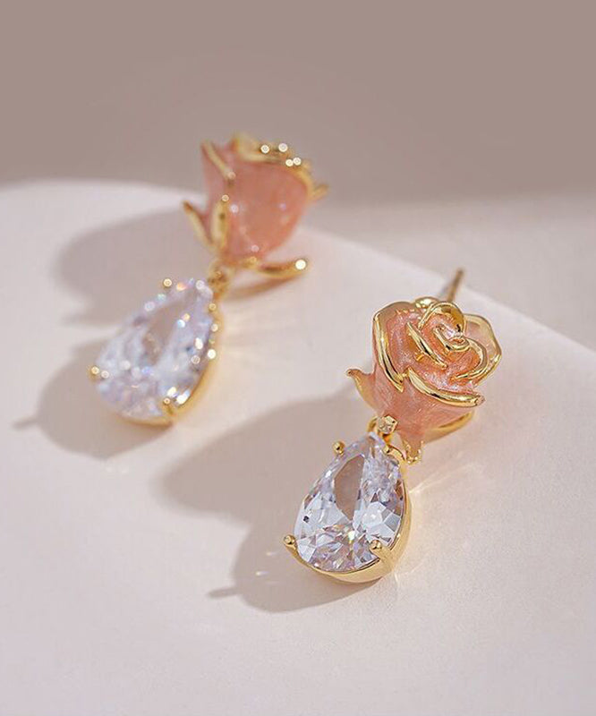 Pink Copper Zircon Gem Stone Rose Water Drop Drop Earrings