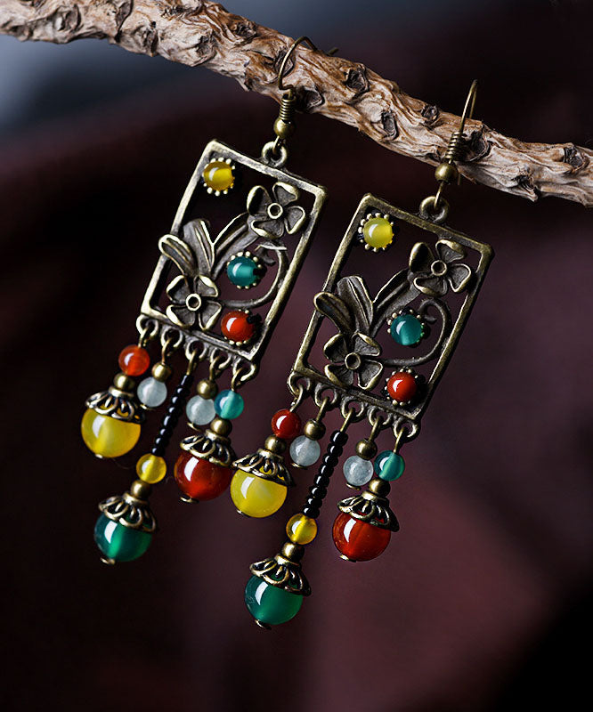 Multi Color Agate Metal Copper Tassel Drop Earrings