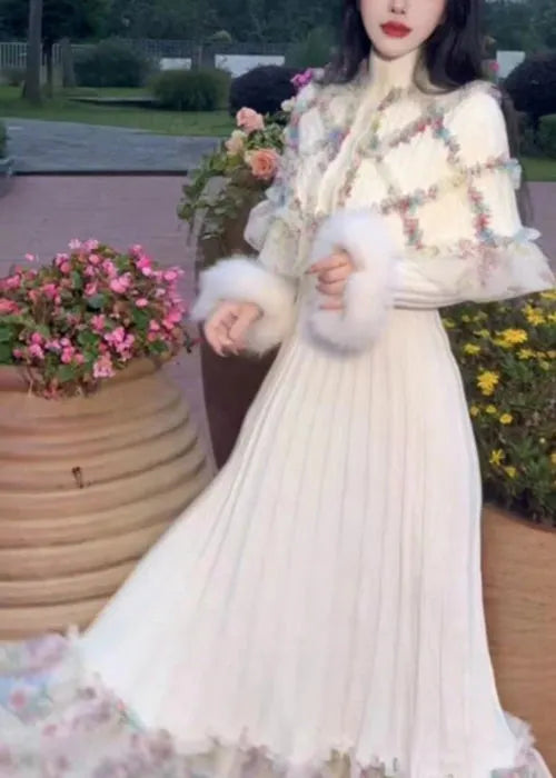 Classy White Ruffled Patchwork Cape and Dress Knit Two Pieces Set Spring
