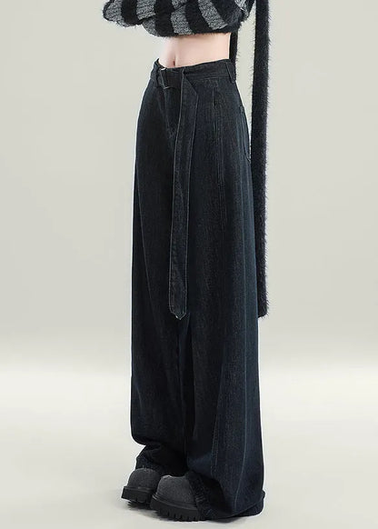 Original Design Black Sashes High Waist Warm Fleece Jeans