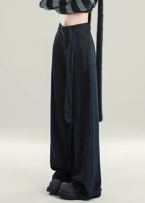 Original Design Black Sashes High Waist Warm Fleece Jeans