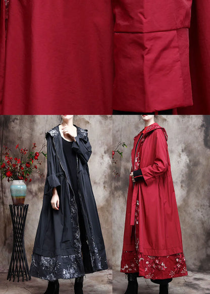 Black Hooded Patchwork Spring Trench Coats