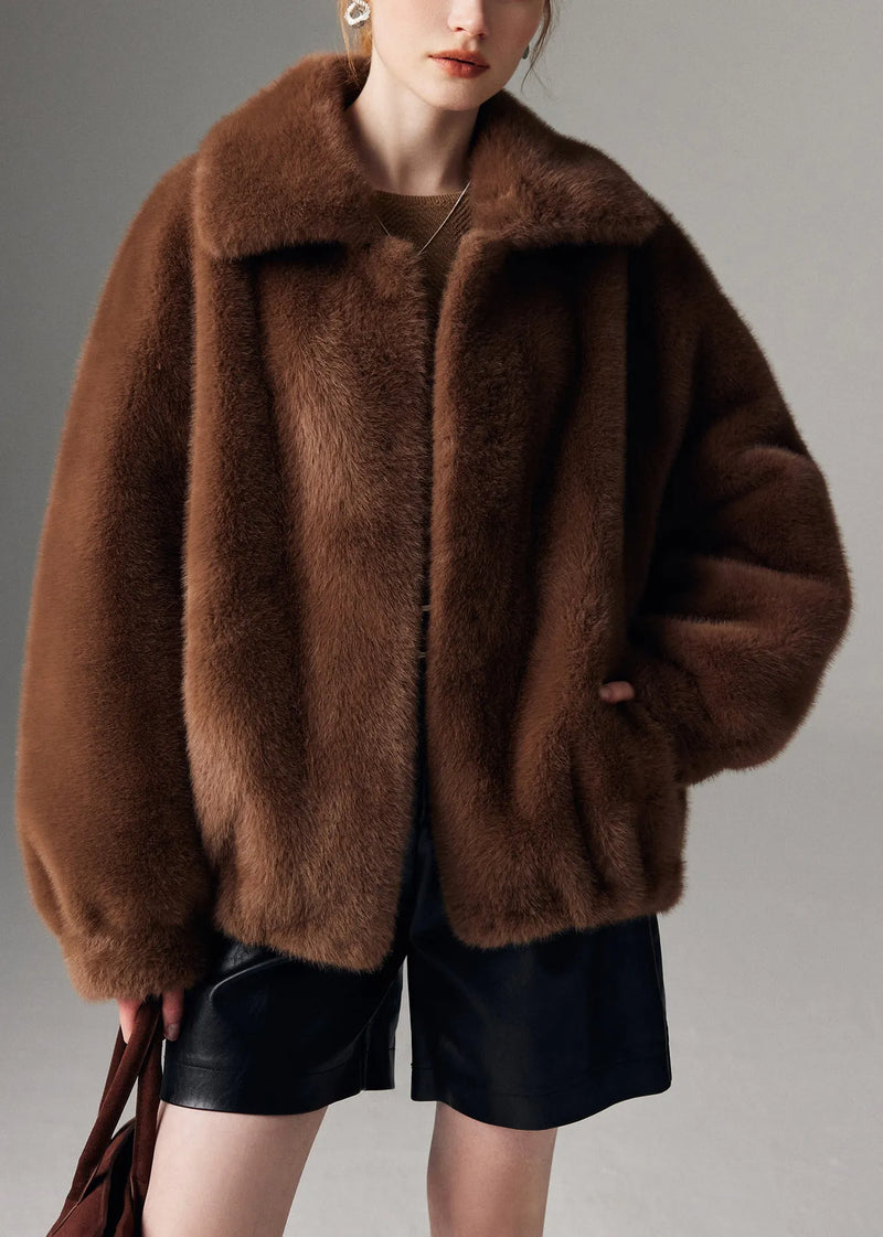 Chocolate Pockets Detachable Leather and Fur Winter Coats Peter Pan Collar