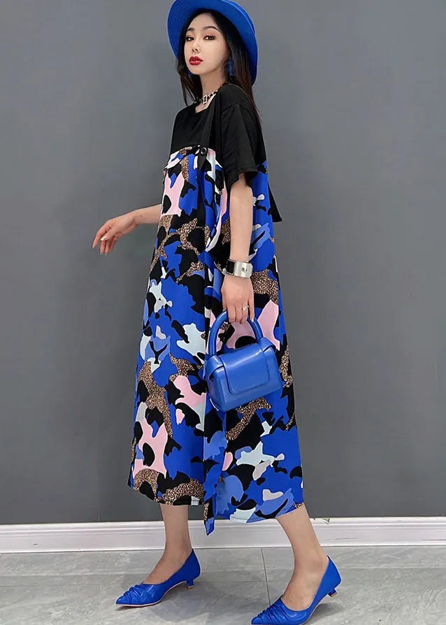 Black Blue Patchwork Pritn Cotton Long Dresses Short Sleeve