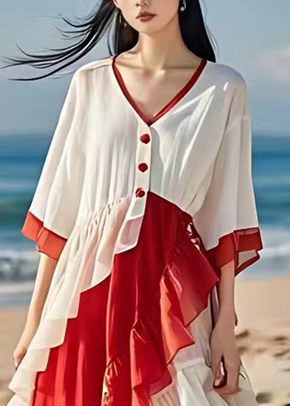 White V Neck Ruffled Patchwork Wrinkled Chiffon Maxi Dress Summer