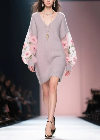 Grey V Neck Patchwork Tulle Knit Dress Winter