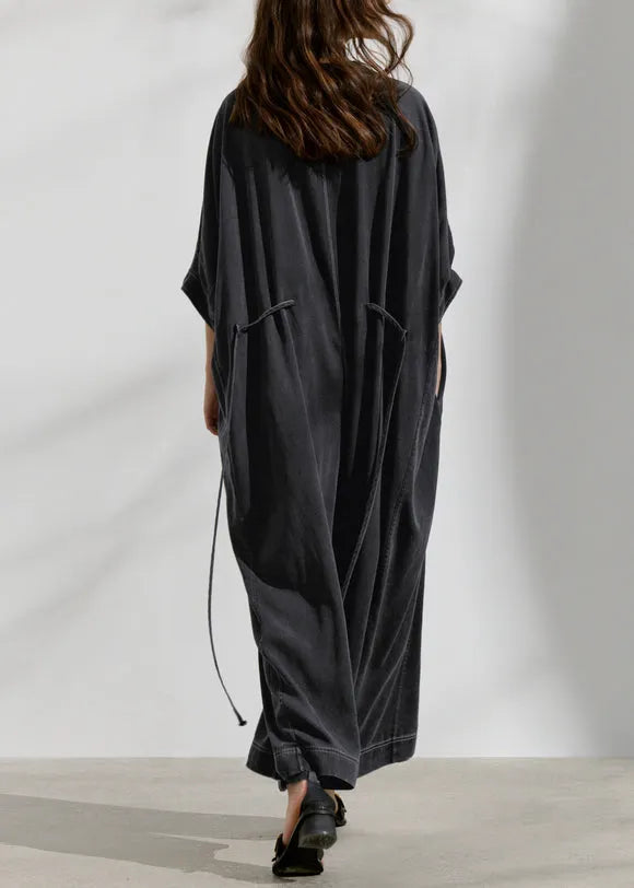 Loose Dark Grey O Neck Pockets Patchwork Cotton Jumpsuit Summer