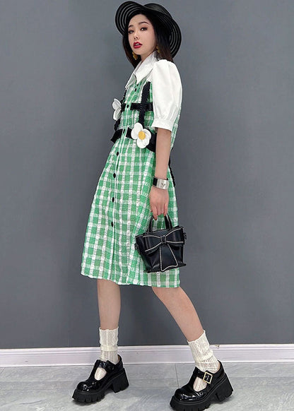 Modern Green Plaid Peter Pan Collar Patchwork Maxi Dress Short Sleeve