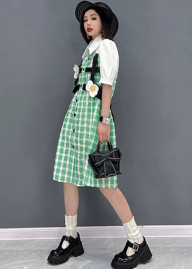 Modern Green Plaid Peter Pan Collar Patchwork Maxi Dress Short Sleeve