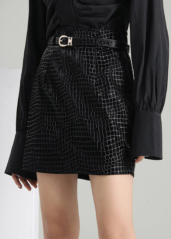 Black Zip Up Wrinkled Faux Leather Skirts Spring